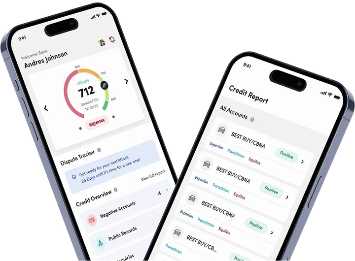 Aplicación móvil de Financore Platform mostrando el puntaje 712, el rastreador de disputas y el reporte de crédito por cuenta